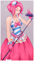 Size: 512x921 | Tagged: dead source, safe, artist:songoftheshoebox, pinkie pie, human, g4, breasts, cleavage, clothes, dignified wear, dress, female, gala dress, gloves, hat, humanized, microphone, simple background, smiling, solo, wink