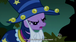Size: 851x471 | Tagged: safe, screencap, twilight sparkle, pony, unicorn, g4, luna eclipsed, beard, clothes, cosplay, costume, dialogue, facial hair, female, hub logo, mare, nightmare night costume, open mouth, solo, star swirl the bearded costume, twilight the bearded, youtube caption