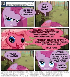 Size: 1390x1526 | Tagged: safe, artist:ponymaan, pinkie pie, pinkie pie (g3), earth pony, pony, g3, g3.5, g4, comic, dialogue, female, g3 hate, g4 to g3.5, generation leap, looking at you, mare, open mouth, pinkamena diane pie, solo, speech bubble, transformation