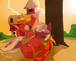 Size: 1280x1024 | Tagged: safe, artist:swomswom, big macintosh, cheerilee, earth pony, pony, g4, barn, dappled sunlight, female, male, mare, pony pillow, prone, resting, ship:cheerimac, shipping, sleeping, stallion, straight, tree