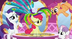 Size: 854x471 | Tagged: safe, edit, edited screencap, screencap, apple bloom, rarity, scootaloo, sweetie belle, earth pony, pegasus, pony, unicorn, g4, caption, carousel boutique, cutie mark crusaders, female, filly, hat, mare, youtube caption
