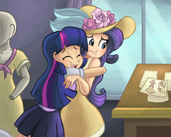 Size: 1500x1200 | Tagged: safe, artist:ric-m, rarity, twilight sparkle, human, g4, sweet and elite, birthday dress, clothes, dress, duo, duo female, female, happy, hat, hug, humanized, mannequin, open mouth, scene interpretation, skirt