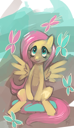 Size: 740x1280 | Tagged: dead source, safe, artist:purplekecleon, fluttershy, butterfly, pegasus, pony, g4, abstract background, female, mare, smiling, solo