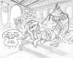 Size: 1138x900 | Tagged: safe, artist:halley-valentine, rarity, spike, tom, dragon, pony, unicorn, g4, bored, chains, crown, female, floppy ears, jewelry, male, mare, monochrome, prone, regalia, roleplaying, traditional art