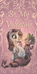 Size: 708x1417 | Tagged: safe, artist:sharkie19, rarity, spike, dragon, pony, unicorn, g4, abstract background, bowtie, female, fire ruby, gem, interspecies, looking at each other, male, mare, ruby, ship:sparity, shipping, smiling, straight, valentine, valentine's day