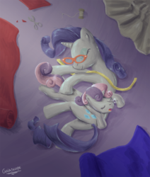 Size: 893x1052 | Tagged: safe, artist:gaiascope, rarity, sweetie belle, pony, unicorn, g4, duo, duo female, fabric, female, filly, glasses, mare, measuring tape, on side, overhead view, pony pillow, sleeping, snot bubble