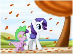 Size: 1175x870 | Tagged: safe, artist:ctb-36, rarity, spike, dragon, pony, unicorn, g4, autumn, female, leaves, male, mare, ship:sparity, shipping, straight, walking