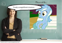 Size: 701x487 | Tagged: safe, lyra heartstrings, human, pony, unicorn, g4, chalkboard, female, human studies101 with lyra, inverted meme, irl, irl human, mare, meme, photo, sitting, sitting lyra