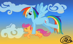 Size: 1116x684 | Tagged: safe, artist:angelofllamas, rainbow dash, scootaloo, pegasus, pony, g4, duo, duo female, female, filly, flying, flying lesson, happy, mare, scootaloo can't fly, scootalove