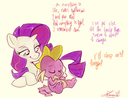 Size: 1316x1009 | Tagged: safe, artist:frostadflakes, rarity, spike, dragon, pony, unicorn, g4, female, interspecies, lyrics, male, mare, prone, ship:sparity, shipping, spikelove, straight