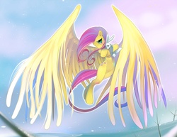 Size: 1200x927 | Tagged: safe, artist:tsampikos, angel bunny, fluttershy, pegasus, pony, rabbit, g4, blushing, branches, female, flying, impossibly large wings, looking at you, mare, sky, snow, snowfall, solo, spread wings, windswept mane, windswept tail, wings, winter