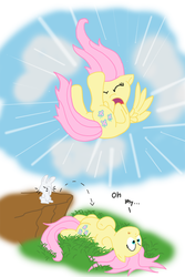 Size: 900x1350 | Tagged: safe, artist:wolferahm, angel bunny, fluttershy, pegasus, pony, g4, duo, facepaw, falling, female, grass, mare, on back, overreaction