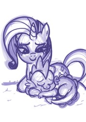 Size: 1240x1748 | Tagged: safe, artist:thex-plotion, rarity, spike, dragon, pony, unicorn, g4, female, interspecies, male, mare, monochrome, prone, ship:sparity, shipping, smiling, straight