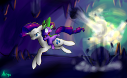 Size: 1700x1044 | Tagged: safe, artist:atrixy, rarity, spike, dragon, pony, unicorn, g4, cave, dragons riding ponies, duo, duo male and female, female, male, mare, riding, running, spike riding rarity, wingless spike