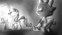 Size: 1366x768 | Tagged: safe, artist:fongsaunder, rarity, spike, dragon, pony, unicorn, g4, eyes closed, female, heart, love letter, magic, male, mare, monochrome, sewing, sewing machine, ship:sparity, shipping, straight, valentine