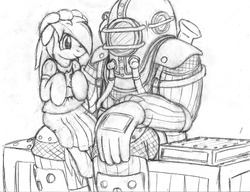 Size: 1000x767 | Tagged: safe, artist:tg-0, earth pony, pony, big daddy, bioshock, clothes, crossover, cute, female, floppy ears, grimcute, little sister, mare, monochrome, rapture, sitting, smiling