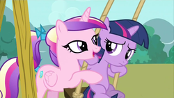 Size: 1280x720 | Tagged: safe, screencap, princess cadance, twilight sparkle, alicorn, pony, unicorn, a canterlot wedding, g4, duo, duo female, female, filly, out of context, princess, swing, teen princess cadance, teenager, younger