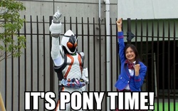 Size: 800x500 | Tagged: safe, image macro, it's pony time, kamen rider, kamen rider fourze, photo, yuki