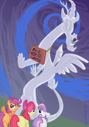 Size: 569x809 | Tagged: safe, artist:bibliodragon, apple bloom, discord, scootaloo, sweetie belle, earth pony, pegasus, pony, unicorn, g4, bloom butt, butt, cutie mark crusaders, female, filly, plot, scootabutt, sign, sweetie butt