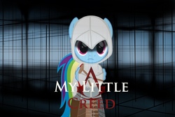 Size: 900x600 | Tagged: safe, artist:shadowpredator100, rainbow dash, pegasus, pony, g4, abstract background, assassin's creed, clothes, crossover, female, looking at you, mare, poster, solo