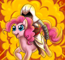 Size: 500x463 | Tagged: artist needed, safe, artist:machati-sama, pinkie pie, earth pony, human, pony, g4, altair ibn la-ahad, assassin's creed, crossover, duo, explosion, female, humans riding ponies, mare, riding