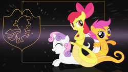 Size: 2732x1536 | Tagged: safe, artist:elsdrake, apple bloom, scootaloo, sweetie belle, earth pony, lamia, original species, pegasus, pony, unicorn, g4, abstract background, cutie mark crusaders, female, filly, lamiafied, species swap, wallpaper