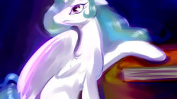 Size: 1024x576 | Tagged: safe, artist:buttercupsaiyan, princess celestia, alicorn, pony, g4, abstract background, book, concerned, female, floppy ears, frown, mare, princess, solo