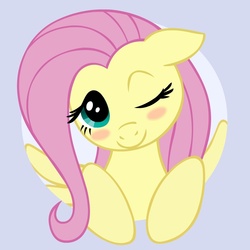 Size: 945x945 | Tagged: safe, artist:megasweet, fluttershy, pegasus, pony, g4, blushing, female, floppy ears, head tilt, mare, one eye closed, smiling, solo, wink