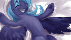 Size: 1024x576 | Tagged: dead source, safe, artist:buttercupsaiyan, princess luna, alicorn, pony, g4, eyes closed, female, happy, mare, on back, s1 luna, smiling, snow, snow angel, solo, underhoof