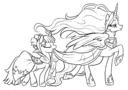 Size: 1385x969 | Tagged: safe, artist:buttercupsaiyan, princess celestia, twilight sparkle, alicorn, pony, unicorn, g4, clothes, dress, duo, duo female, eyes closed, female, gala dress, mare, monochrome, mouth hold, walking