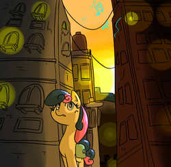 Size: 559x546 | Tagged: safe, artist:swomswom, bon bon, sweetie drops, earth pony, pony, g4, city, female, mare, music, saddle bag, solo, sunset