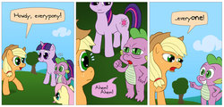 Size: 850x407 | Tagged: safe, artist:fadri, applejack, fluttershy, spike, twilight sparkle, dragon, earth pony, pegasus, pony, unicorn, comic:and that's how equestria was made, g4, comic, coughing, everyone, everypony, female, happy, male, mare, narrowed eyes, political correctness, pronouns