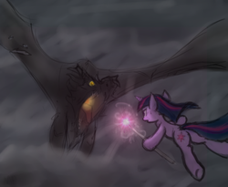 Size: 726x594 | Tagged: safe, artist:muffinsforever, twilight sparkle, dragon, pony, unicorn, g4, falling, female, flying, freefall, magic, mare, skydiving, skyrim, staff, the elder scrolls