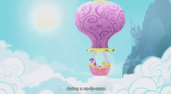 Size: 853x471 | Tagged: safe, edit, edited screencap, screencap, spike, twilight sparkle, dragon, pony, unicorn, g4, canterlot, caption, duo, female, hot air balloon, male, mare, opening, opening credits, twinkling balloon, youtube caption