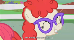 Size: 855x471 | Tagged: safe, screencap, twist, earth pony, pony, call of the cutie, g4, season 1, eyes closed, female, filly, solo, youtube caption