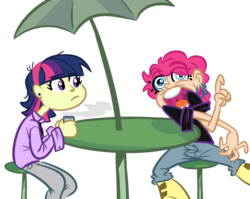 Size: 880x700 | Tagged: safe, artist:tess, pinkie pie, twilight sparkle, human, g4, duo, duo female, female, humanized, simple background, sitting, table, transparent background