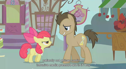 Size: 853x472 | Tagged: safe, edit, edited screencap, screencap, apple bloom, doctor whooves, time turner, earth pony, pony, call of the cutie, g4, apron, caption, clothes, duo, female, filly, male, stallion, youtube caption