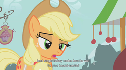 Size: 853x473 | Tagged: safe, screencap, applejack, earth pony, pony, call of the cutie, g4, apron, clothes, female, mare, solo, turkey nodes, youtube caption