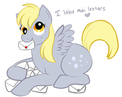 Size: 555x444 | Tagged: safe, artist:lulubell, derpy hooves, pegasus, pony, g4, dialogue, female, heart, letter, mail, mare, mouth hold, prone, simple background, smiling, solo, white background
