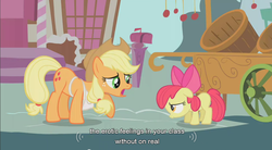 Size: 854x472 | Tagged: safe, edit, edited screencap, screencap, apple bloom, applejack, earth pony, pony, call of the cutie, g4, apron, caption, clothes, duo, duo female, female, filly, floppy ears, frown, mare, raised hoof, sad, youtube caption