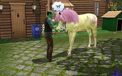Size: 1440x896 | Tagged: safe, artist:bhiggo, fluttershy, horse, orc, g4, hoers, pets, the sims, the sims 3, the sims 3 pets, wingless