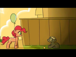 Size: 617x463 | Tagged: safe, artist:swomswom, pinkie pie, oc, earth pony, pony, g4, balloon, bandage, colt, duo, feels, female, flash, foal, looking at each other, male, mare, sad