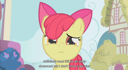 Size: 854x471 | Tagged: safe, edit, edited screencap, screencap, apple bloom, earth pony, pony, call of the cutie, g4, caption, female, filly, sad, solo, youtube caption