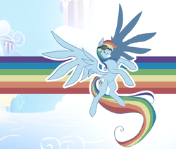 Size: 1229x1043 | Tagged: safe, artist:science fox, rainbow dash, pegasus, pony, g4, cloud, cloudsdale, female, flying, goggles, long tail, looking at you, mare, rainbow, smiling, smiling at you, solo, spread wings