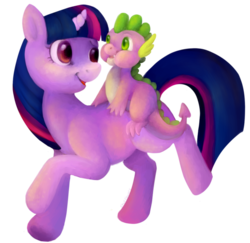Size: 600x584 | Tagged: safe, artist:skullflowers, spike, twilight sparkle, dragon, pony, unicorn, g4, cute, dragons riding ponies, duo, female, looking back, male, mama twilight, mare, riding, simple background, smiling, spike riding twilight, transparent background