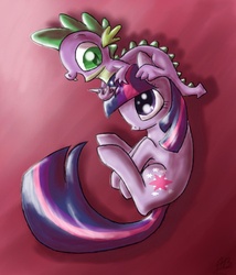 Size: 650x760 | Tagged: safe, artist:nos-talgia, spike, twilight sparkle, dragon, pony, unicorn, g4, abstract background, cute, dragon hat, dragons riding ponies, female, male, mama twilight, mare, on side, open mouth, riding, smiling, spike riding twilight