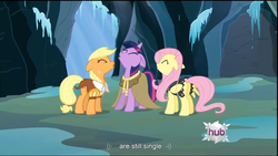 Size: 1366x768 | Tagged: safe, screencap, applejack, clover the clever, fluttershy, private pansy, smart cookie, twilight sparkle, earth pony, pegasus, pony, unicorn, g4, hearth's warming eve (episode), season 2, appletwishy, eyes closed, female, floppy ears, hearth's warming eve, hub logo, mare, youtube caption