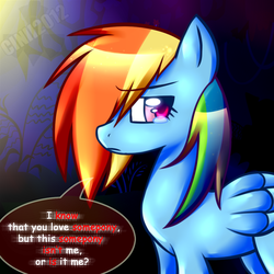 Size: 1024x1024 | Tagged: safe, artist:firepainter65, rainbow dash, pegasus, pony, g4, abstract background, crying, female, mare, sad, solo, speech bubble