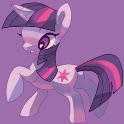 Size: 500x500 | Tagged: safe, artist:mutagorou0w0, twilight sparkle, pony, unicorn, g4, cute, female, mare, purple background, raised hoof, simple background, solo, surprised, twiabetes, unicorn twilight