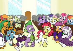 Size: 3508x2480 | Tagged: safe, artist:rannva, apple bloom, applejack, big macintosh, fluttershy, granny smith, pinkie pie, pipsqueak, rainbow dash, rarity, scootaloo, snails, snips, spike, sweetie belle, twilight sparkle, dragon, earth pony, pegasus, pony, unicorn, g4, apple family, bride, clothes, crying, cutie mark crusaders, dress, female, gun, high res, interspecies, male, mane seven, mane six, mare, mommabloom, mouth hold, older, older apple bloom, older scootaloo, older snails, older snips, older spike, older sweetie belle, pregbloom, pregnant, pregnant apple bloom, ship:flarity, ship:spikebloom, shipping, shotgun, shotgun wedding, stallion, straight, tears of joy, weapon, wedding, wedding dress